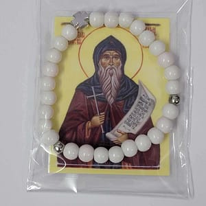 Стаклена бројаница са иконицом - бела